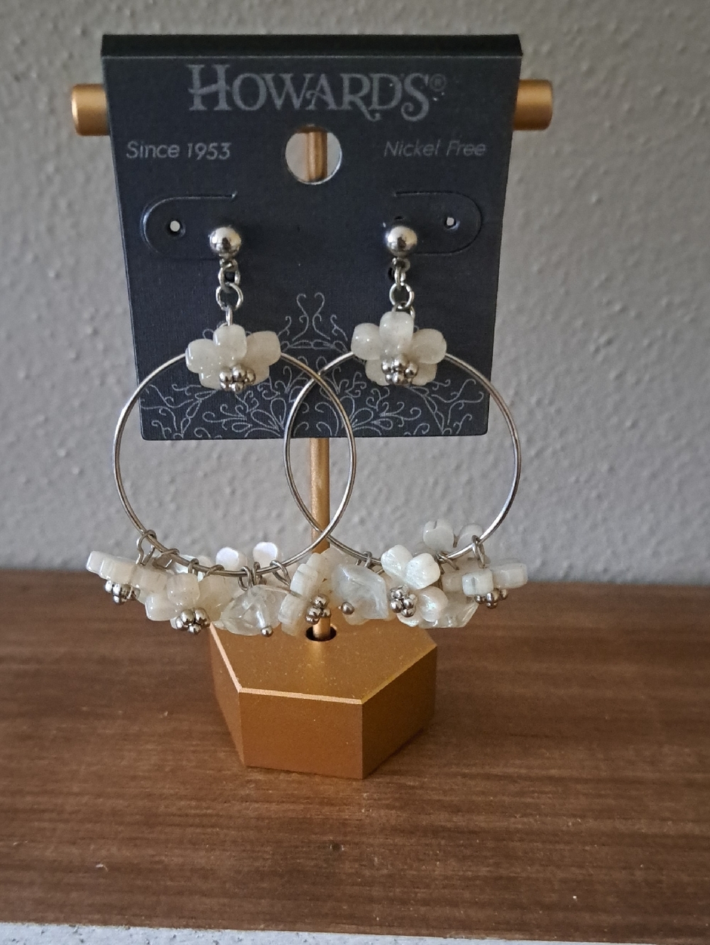 White Bead Hoop Earrings - Floral Accent Dangle